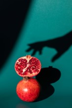 Pomegranate on emerald background with hands shadow