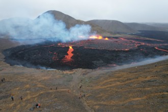 Iceland Volcano 2022 in Meradalir, Reykjanes peninsula. Drone view.