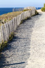 Typical french coast sea view with a pathway to the beach and wooden fence creating beautiful shadow.
