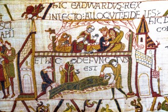 Bayeux tapestry, Bayeux, Normandy, France. Created 11th century after Battle of Hastings 1066 AD showing Norman Conquest. Death of English King Edward