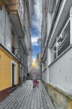 Older man with a dog heading towards some stairs in a narrow street in the concept of the loneliness of people when they reach adulthood.