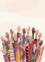 Raised hands of group multicultural women. International women s day. Diversity - inclusion - equality - girl power or empowerment concept