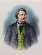 Lithography portrait of Honoré de Balzac. Represented at half-length, dressed in a full jacket.