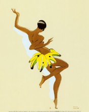 "La Revue Nègre" ["The Black Review"] Vintage French Advertising. A stylized illustration of a dancer with minimal features, predominantly in brown tones with yellow accents against a beige background...