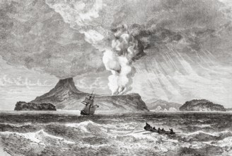 Perboewatan volcano eruption in 1883, Krakatoa island. Indonesia. Drawing by Theodor Weber (1838-1907)  Krakatau and the Sunda Strait 1884 by French journalist Edmond Cotteau (1833 - 1896) Le Tour du ...
