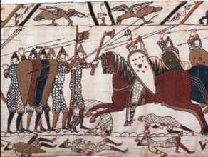 BATTLE OF HASTINGS 14 October 1066. Part of Scene 52 of the Bayeux Tapestry showing Norman cavalry attacking the Anglo-Saxon infantry