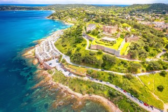 Saint Tropez fortress and graveyard aerial panoramic view, famous tourist destination