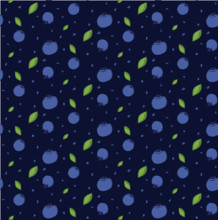 Vector seamless pattern with blueberries and leaves in graphic line style on a dark blue background.