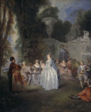 This 1718/9 painting by Jean-Antoine Watteau, titled 'Fêtes Vénitiennes,' depicts a lively and romantic Venetian fête, a scene characteristic of Watteau’s style of fête galante. It is now housed in th...