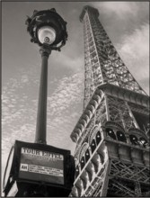Vintage 1930s Eiffel Tower and a bus stop "Tour Eiffel" Paris France B&W retro vintage iconic cityscape 1935 Location : France, Paris Photographer  Willem van de Poll,