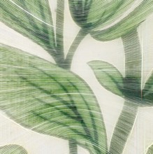 A close-up view of stylized green leaves, featuring intricate lines and patterns that create a sense of movement and texture. The overlapping leaves convey a natural elegance and a harmonious blend of...