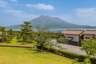 Scenery of Sengan en with Sakurajima as background, Kagoshima, Kyushu, Japan