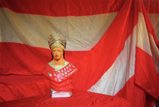 Europe France. St Tropez, South of Les Bravades Bravade annual festival of Patron Saint of town Saint Tropez Effigy small statue in shop window.