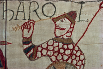 Death of King Harold showing an arrow in his eye Bayeux Tapestry Bayeux Normandy France Europe