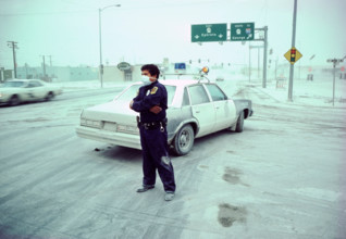 Ash covered street in Eastern Washington State after the 1980 volcanic eruption of Mount St. Helens