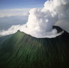 Aerial view of Mount Nyiragongo, an active volcano in the Virunga Mountains in Virunga National Park.