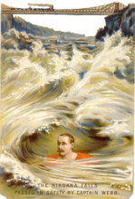 Die cut scrap of Captain Matthew Webb swimming the rapids at Niagara Falls