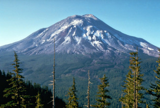 View from Johnston Ridge six miles northwest of Mount St. Helens volcanic one day before eruption May 17, 1980 in Washington State. The volcano suffered a catastrophic eruption on May 18, 1980.