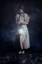 a girl with a lantern standing on a wall