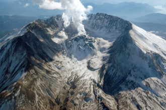 An aerial view of Mount St. Helens from the north, captured on February 25, 2005. The volcano is a prominent geological feature, known for its eruption in 1980 and ongoing volcanic activity.