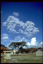The eruption of Mount Pinatubo observed from Clark Air Base on June 12, 1991. This volcanic event caused widespread devastation and is one of the largest eruptions of the 20th century.