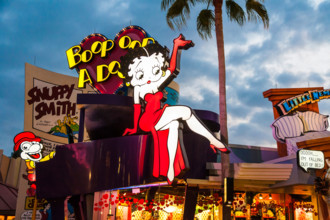 Bright lighted sign of Betty Boop in Toon Lagoon at Universal Studios Islands of Adventure in Orlando, Florida