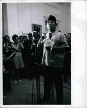 Oct. 10, 1965 - President Sukarno, at Istana Palace, Jakarta Indonesia, announces appointment of Maj Gen Suharto as Army Chief of Staff. Suharto replaced Lt. Gen. Achmad YAni, who was killed by the co...