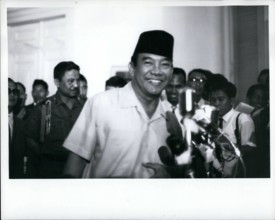 Feb. 24, 2012 - President Sukarno at Istana Palace, Djakarta, Indonesia Oct. 14, 1965 announces appointment of maj Gen Suharto as Army Chief of Staff. Suharto replaces Lt Gen Achmad Yani, who was kill...