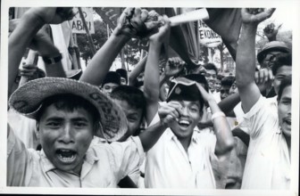 Apr. 18, 2012 - Indonesia, Jakarta -- Muslim students stage mass anti-Communist rallies with 5,000 to 10,000 demanding the Communist Party and the affiliates be banned after aborted Red coup of Oct 1,...
