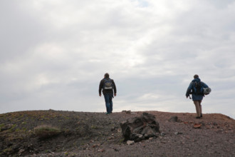 Nea Kameni Island. 14th February, 2015. in Santorini Greece, Costas Papazachos seismologist and professor at the Aristotle University of Thessaloniki and George Vougioukalakis, Dr. Volcanologist geoth...