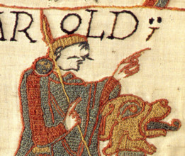 This detailed view of the Bayeux Tapestry reveals the intricate stitching techniques used to create this historical embroidery. The tapestry illustrates scenes from the Norman Conquest of England, cap...