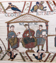 Scene 44 of the Bayeux Tapestry depicts William the Conqueror’s conquest of England, showing key events such as the Battle of Hastings and the Norman leadership.