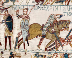 Detail from the Bayeux Tapestry showing the Death of King Harold at the Battle of Hastings in 1066.