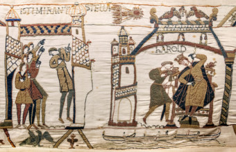 Detail from the Bayeux Tapestry showing Halley's Comet and Harold at Westminster