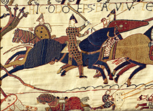 Bayeux Tapestry, A segment of the Bayeux Tapestry, depicting Odo, Bishop of Bayeux, rallying Duke William's troops during the Battle of Hastings in 1066