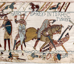 Bayeux Tapestry, A segment of the Bayeux Tapestry, Harold's death. Legend above: Harold rex interfectus est, "King Harold is killed"