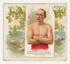 Captain Matthew Webb became the first person to swim across the English Channel from Dover, England, to Calais, France, a monumental feat in 1875. His achievement is featured in the 'World's Champions...