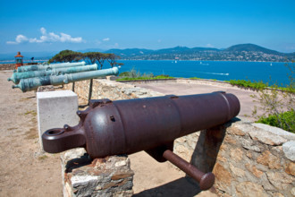 Old medieval cannons and mortar at citadel of Saint-Tropez, gulf of Saint-Tropez, french riviera, South France, Cote d'Azur, France, Europe