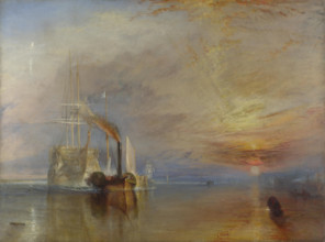 The Fighting Temeraire tugged to her last Berth to be broken up .  English: The Fighting Temeraire. 1839, by Joseph Mallord William Turner. Measures 3' x 4' Français : The Fighting Temeraire. 1839, pa...
