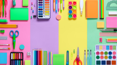 School Supplies In Frame With Colorful Paper Background
