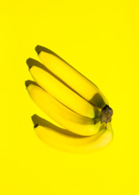 Cluster hand of bananas on solid yellow background. Monochrome. Bright sunlight strong shadow. Trendy funky minimalist style. Pop art. Food fashion po