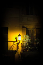 A lamp on the balcony in the dark, illuminating a bush