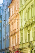 Prague street color, typical pastel-coloured buildings in the Stare Mesto (Old Town) district of Prague, Czech Republic.