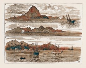 THE VOLCANIC ERUPTION AT JAVA, INDONESIA, VIEWS OF KRAKATOA AND ANJER, NOW COMPLETELY DESTROYED, 1883: 1. The Island reimagined