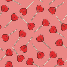 vector seamless background with red lollipop candies in the form of hearts on pink background. love, romantic or valentine day seamless pattern