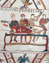 Episode from the Bayeux Tapestry, an embroidered cloth nearly 70 metres (230 ft) long, which depicts the events leading up to the Norman conquest of England, culminating in the Battle of Hastings, in ...