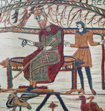 Episode from the Bayeux Tapestry, an embroidered cloth nearly 70 metres (230 ft) long, which depicts the events leading up to the Norman conquest of England, culminating in the Battle of Hastings, in ...