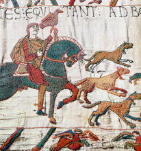 Episode from the Bayeux Tapestry, an embroidered cloth nearly 70 metres (230 ft) long, which depicts the events leading up to the Norman conquest of England, culminating in the Battle of Hastings, in ...