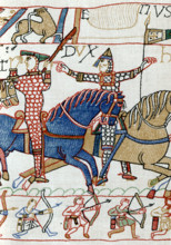 William I (c1028-1087), possibly with Eustace II, Count of Boulogne (c1015-c1087), during the Battle of Hastings, 11th century. A detail of the Bayeux Tapestry. The Bayeux Tapestry (Tapisserie de Baye...