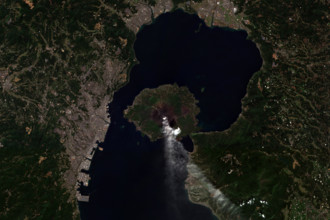 Active volcano Sakurajima in Kyushu, Japan seen from space - contains modified Copernicus Sentinel Data (2019)